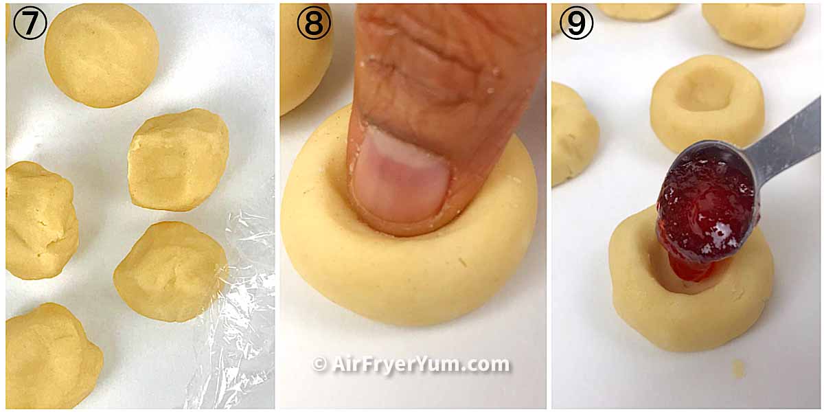 A collage showing the steps to forming the balls, making indent indentation and filling the thumbprint cookies with jam