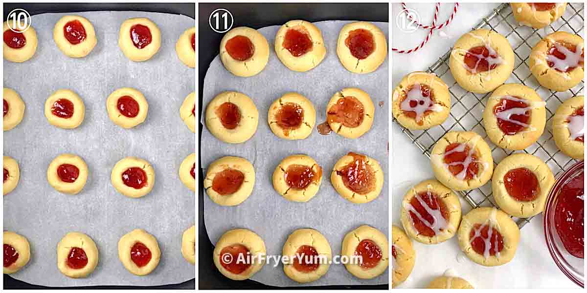 A collage showing cookies on a parchment paper being baked in the air fryer and some baked cookies on a rack