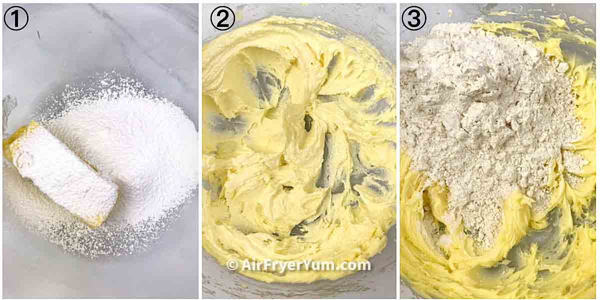 A collage showing the stages of creaming butter and sugar and the addition of flour.