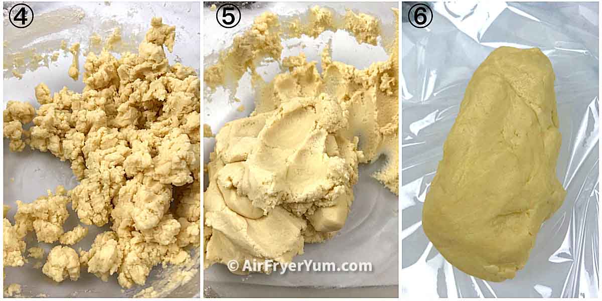 A collage showing a crumbly dough and when it has been brought together to form a dough ball