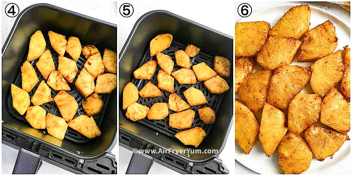 A collage showing glazed pineapple chunks in an air fryer basket and the finished caramelized pineapples on a white plate